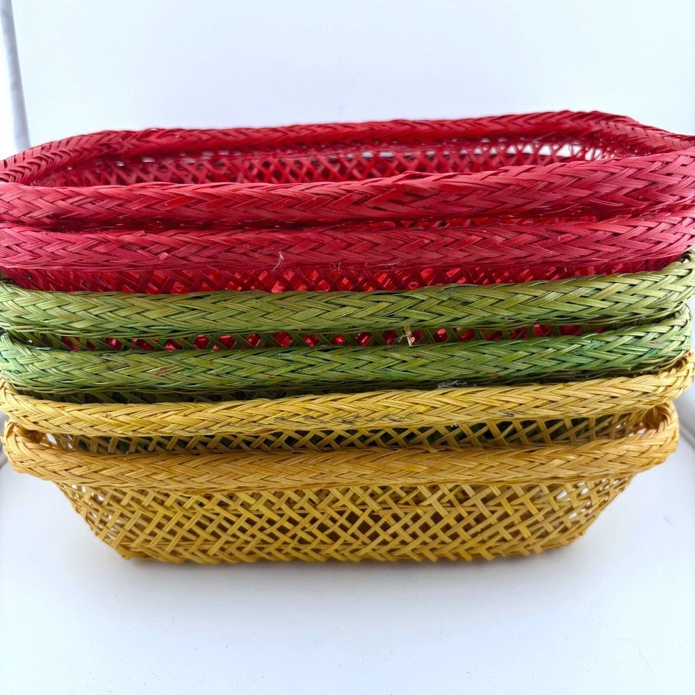 Vintage Style Woven Bamboo Baskets Set of 6 Red Green Yellow Rectangular Trays